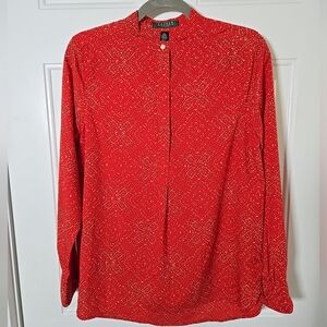 Ralph Lauren Petite Medium Red And White Long Sleeve Button Tunic Blouse